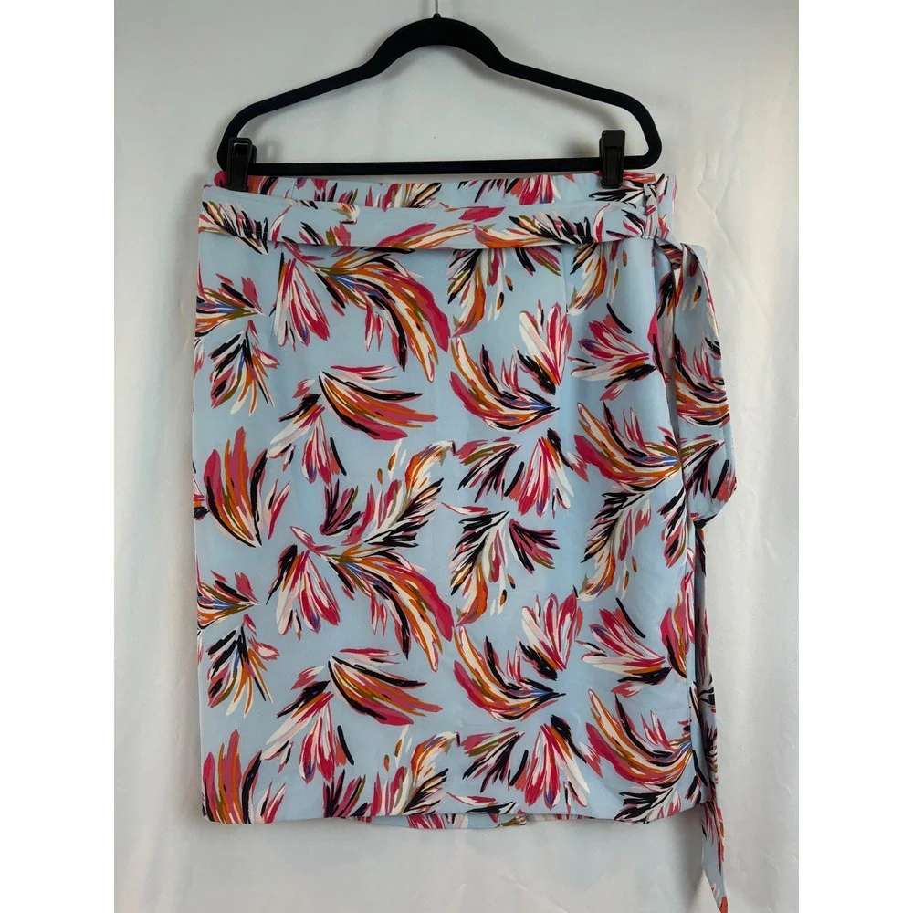 Floral Print Pencil Skirt Light Blue Pink High Waist Tie Belt Mid-Length Size 22